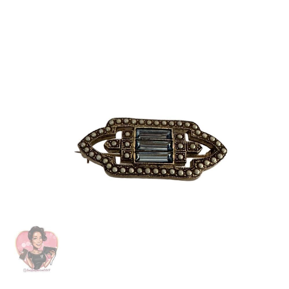 VINTAGE Art Deco Pearl Blue Crystal Brooch